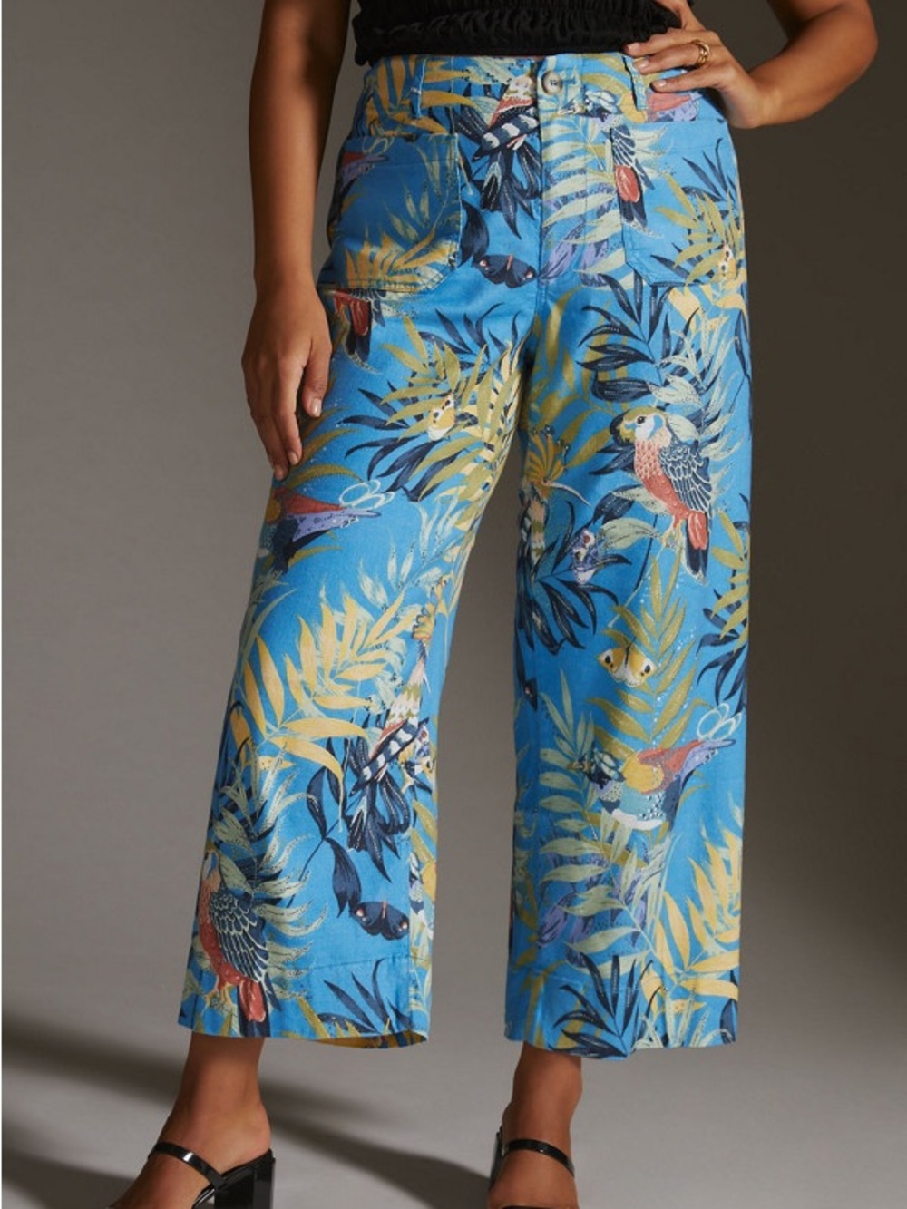 Anthropologie Maeve Colette Cropped Linen Wide Leg Pants Parrot Bird Tropical 10